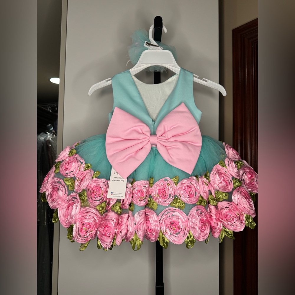 Handmade Floral Kids dress with Pink and Green Accents - Picture 2 of 3
